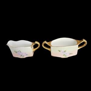 Vintage G Serr Signed Creamer Sugar Bowl Set Hand Painted Violets Gold 1959